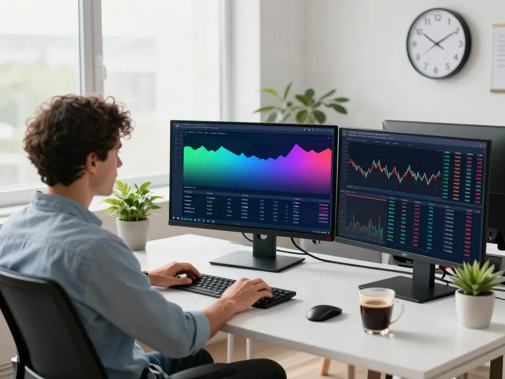 Dynamic workspace with TradingView analysis on multiple screens.