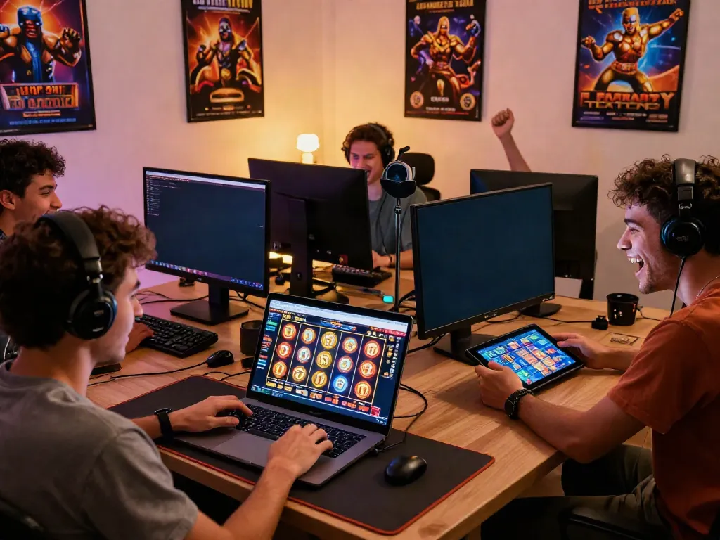 Enthusiastic players enjoying slot777 online games on laptops and tablets in a lively gaming environment.
