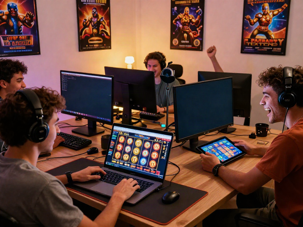 Enthusiastic players enjoying slot777 online games on laptops and tablets in a lively gaming environment.