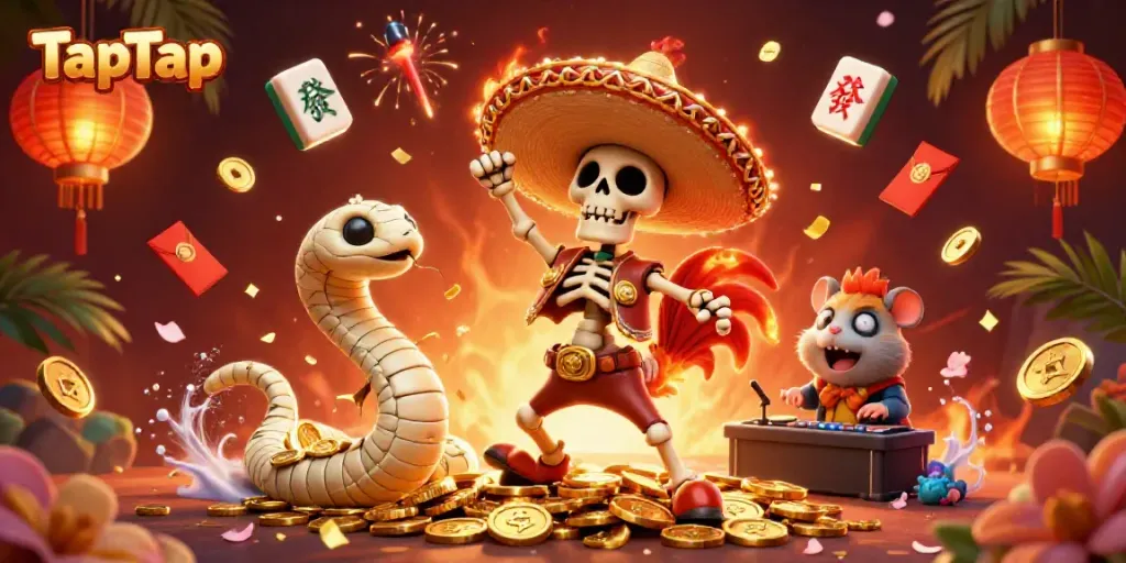 Experience the excitement of TapTap as a colorful skeleton rooster and friends celebrate wins in a vibrant casino scene.