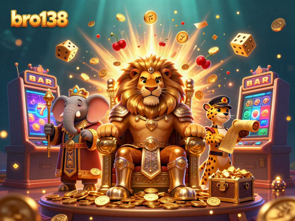 Experience high-stakes action at bro138 with vibrant casino-themed characters and slots exploding with winnings.