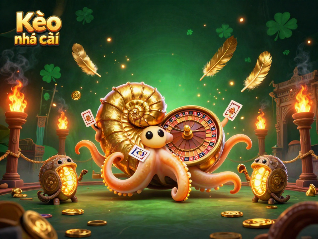 Experience the excitement of Kèo nhà cái with a giant nautilus roulette wheel and glowing fossils in a vibrant casino setting.