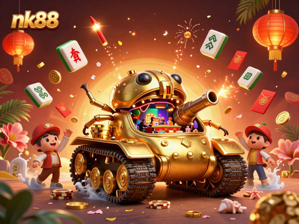 Experience excitement with nk88 in a vibrant 3D casino scene, packed with colorful gaming elements.