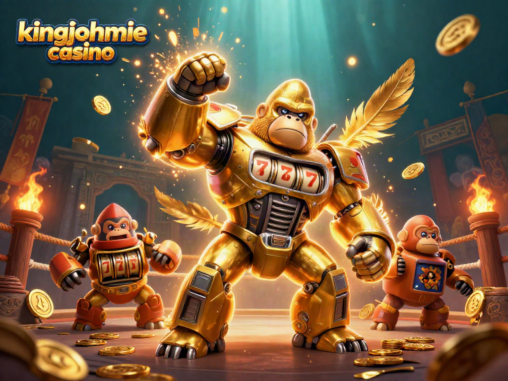 Engage in thrilling slot action at kingjohnnie casino with a vibrant 3D animation of a golden gorilla mech.