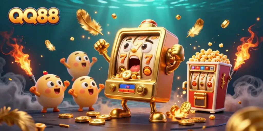 Experience the excitement of QQ88 with animated slot machines celebrating a jackpot amidst a vibrant casino scene.