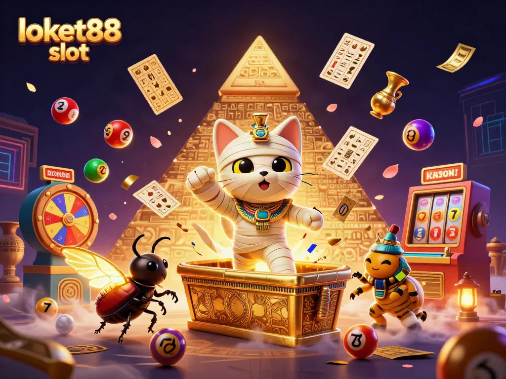 Experience the excitement of loket88 slot with a mummy cat in a vibrant casino scene.
