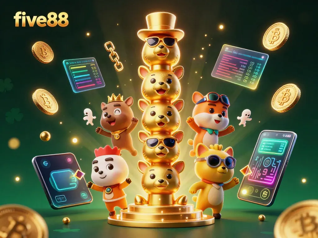 Experience the thrilling world of five88 with a party of cartoon characters and crypto coins bursting with energy.