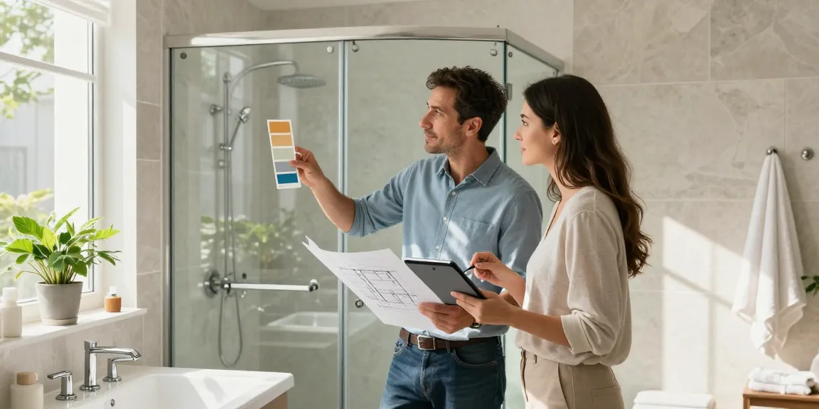 bathroom remodeling contractor kirkland discusses design options with client in modern bathroom