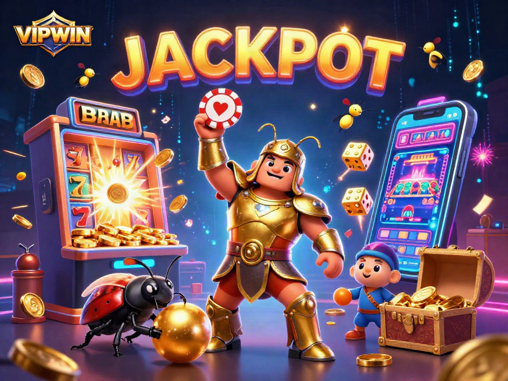 VIPWIN celebrates a jackpot win scene with hercules beetle and casino elements.