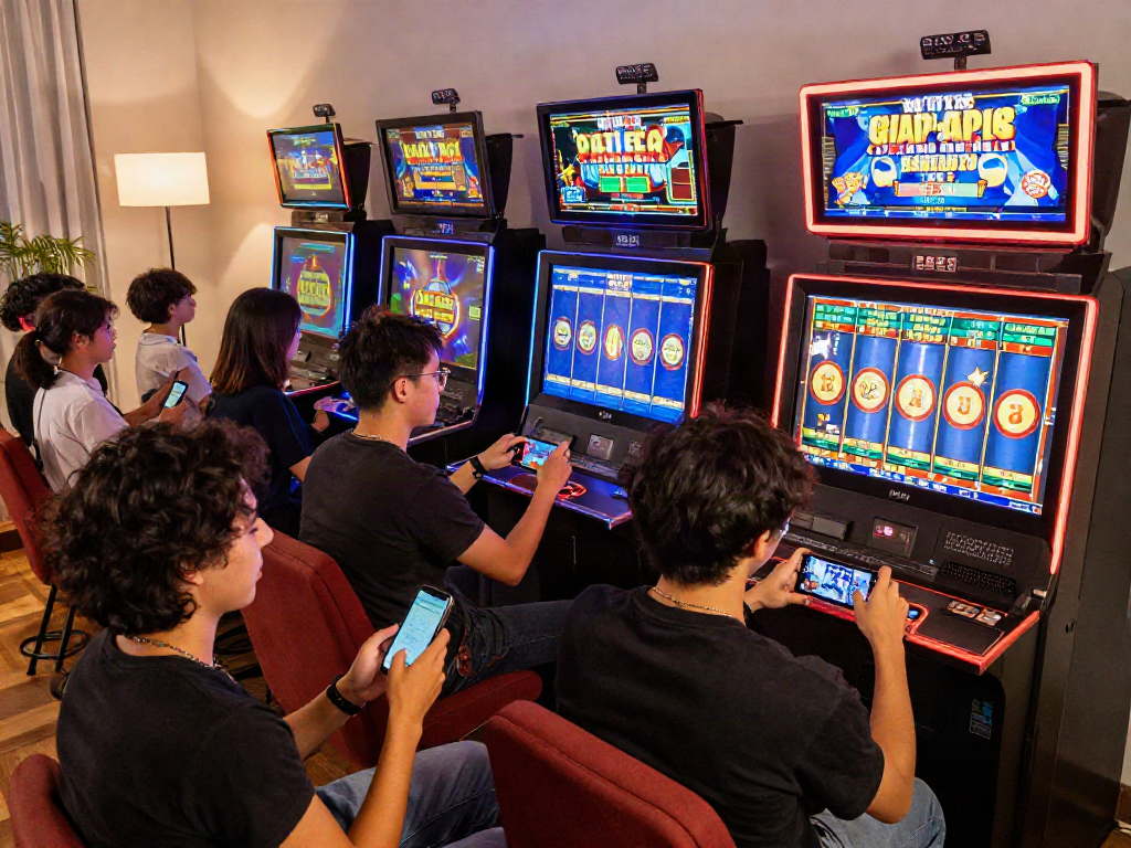 Exciting bandar slot gaming scene with friends at home enjoying vibrant slot machines.