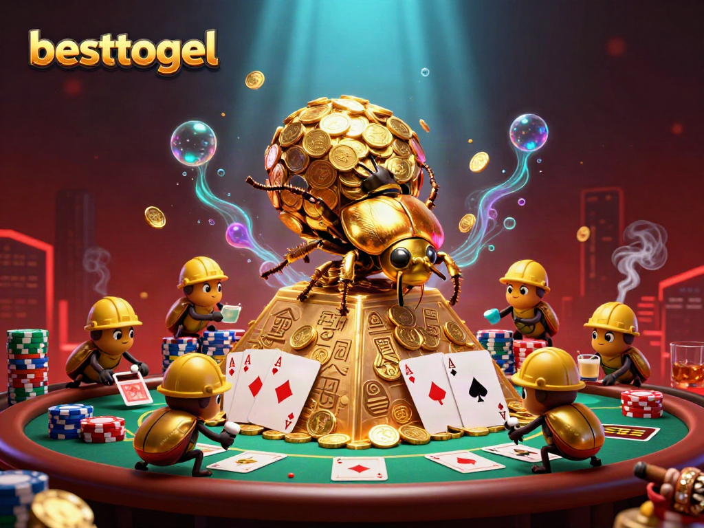 Visualisasi kreatif besttogel dengan kumbang emas meluncurkan koin emas di piramida kasino.