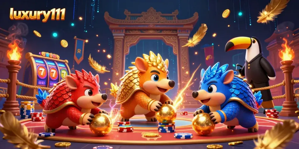 Experience the excitement of luxury111 with pangolins bowling through casino chips in a vibrant 3D illustration.