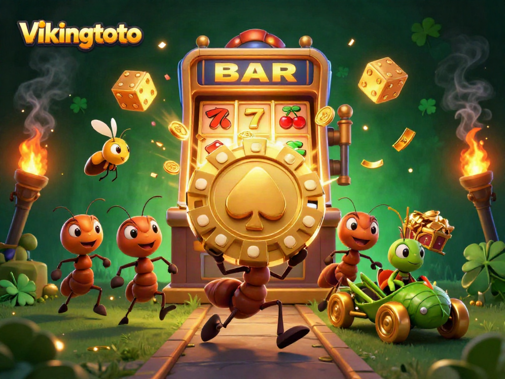 Engage with vikingtoto's thrilling adventure as ants carry a giant poker chip in a vibrant casino heist.