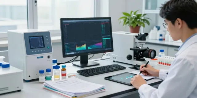 Researcher utilizing a peptide pricing tool in a modern lab environment, analyzing peptide samples and comparing prices.