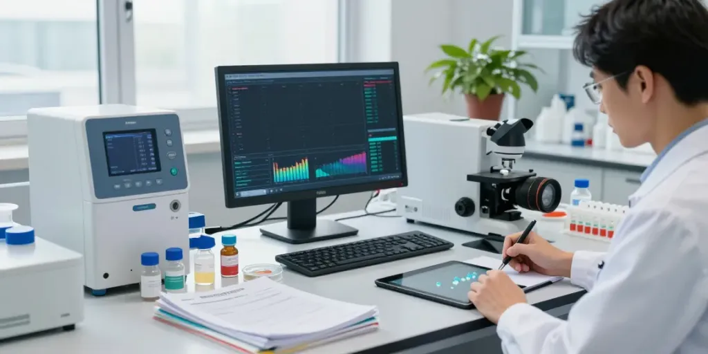 Researcher utilizing a peptide pricing tool in a modern lab environment, analyzing peptide samples and comparing prices.