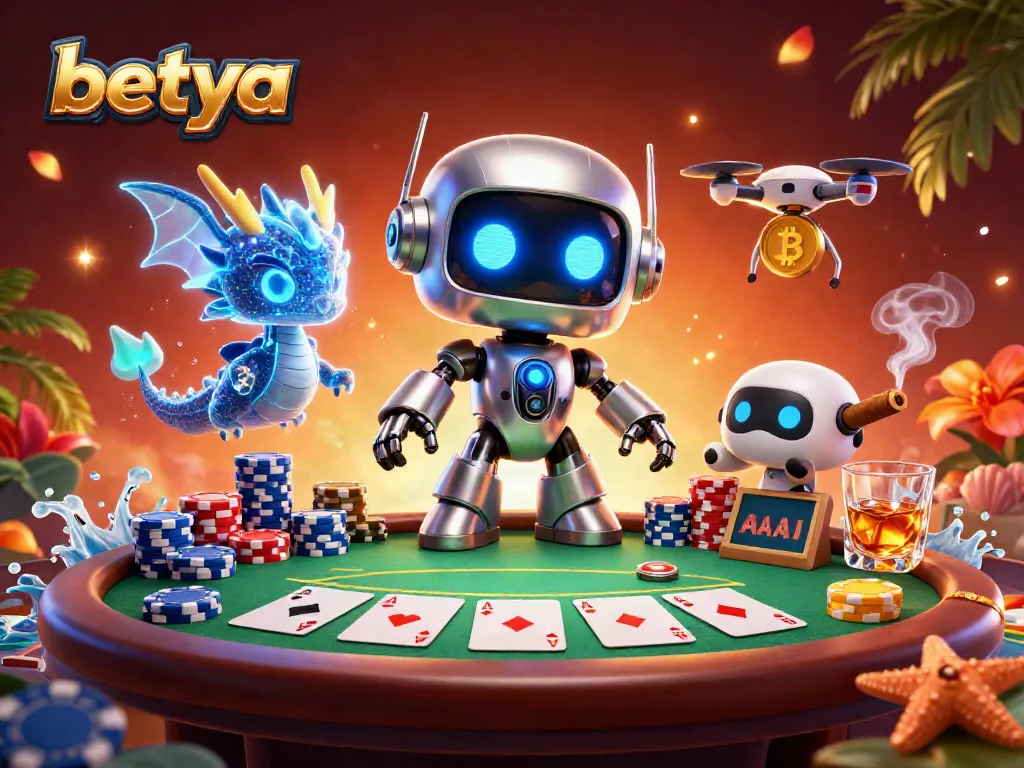Betya promotes excitement with a cyberpunk robot mascot, poker elements, and vibrant casino atmosphere.