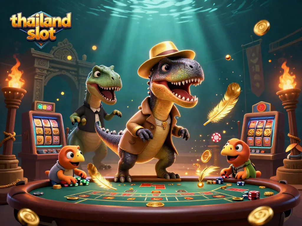 Experience thrilling action at the thailand slot table with a cartoon velociraptor card counter.