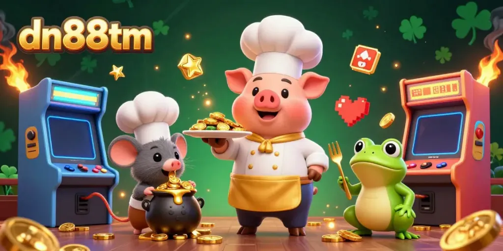 Experience the vibrant energy of dn88tm with a chef pig, sous-chef mouse, and critic frog amid gold coins and arcade games.