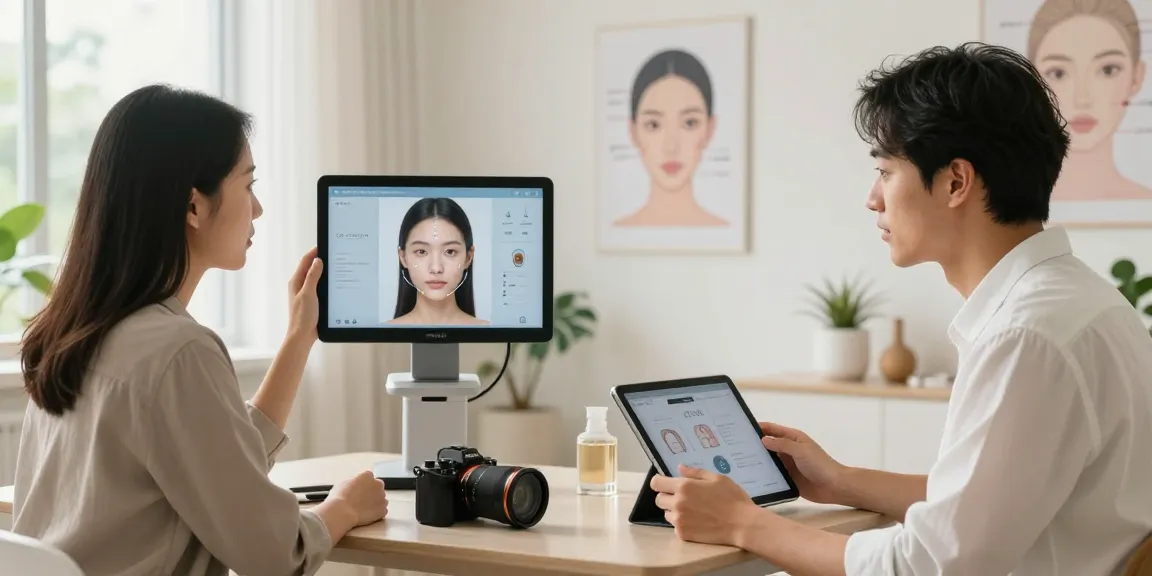 ClinicEvo vs QOVES comparison scene highlighting facial analysis technology and user engagement in a modern setting.