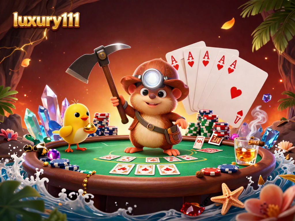 Join luxury111 in an adventurous poker mining scene with vibrant characters and casino elements.