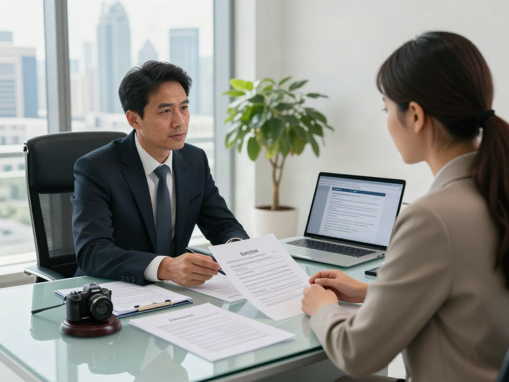 Tenant Eviction Lawyer Dubai consulting landlord in a modern Dubai office for legal advice.