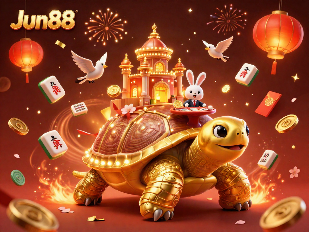 Experience thrilling gaming at Jun88, with a lively scene featuring a golden tortoise casino and a rabbit dealer.