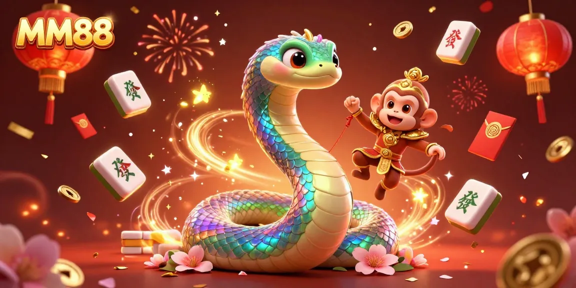 Engage with MM88 through vibrant, lively casino-themed 3D art showcasing a rainbow serpent and monkey king.