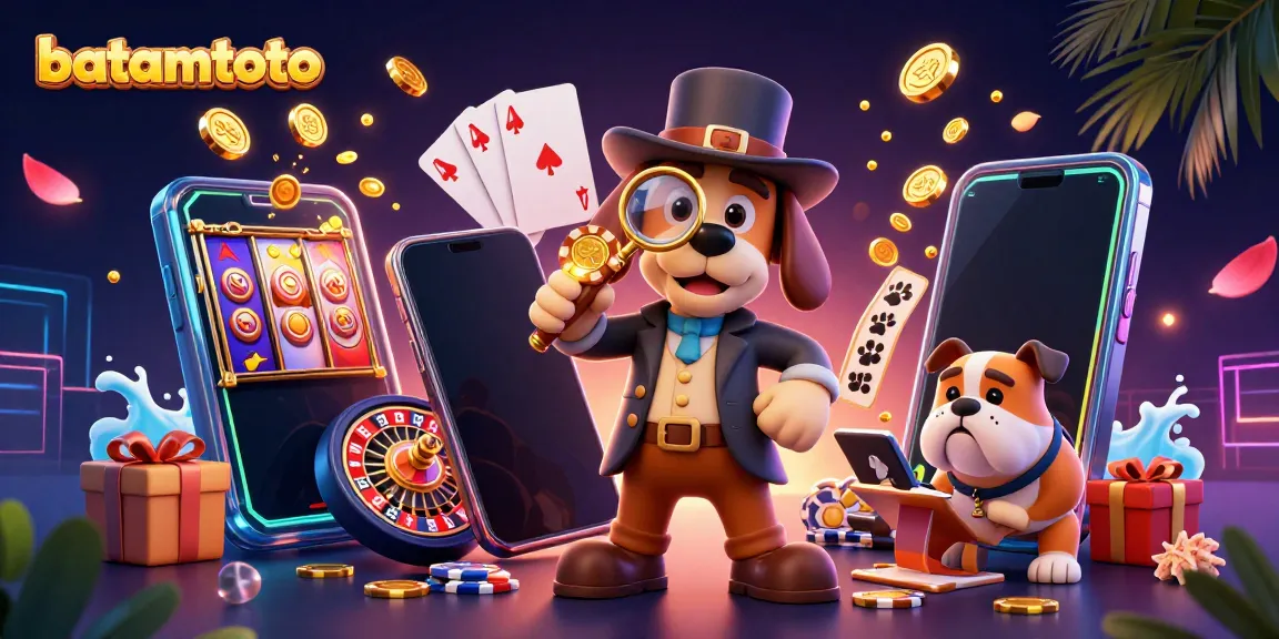 Experience the thrill of batamtoto gaming with a detective scene revealing treasures and vibrant slot elements.
