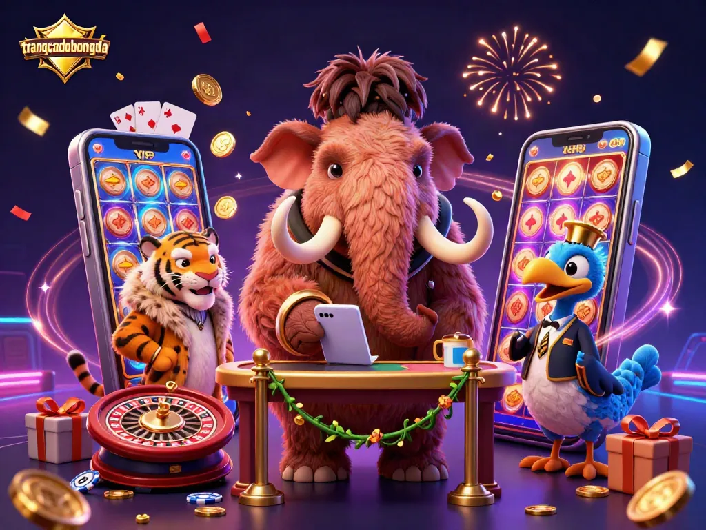 Immerse in exciting trangcadobongda thrills with a vibrant cartoon casino scene featuring a woolly mammoth bouncer.