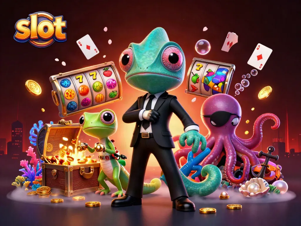 Slot yang berwarna-warni dengan agen rahasia, gecko, dan gurita menunjukkan permainan kasino