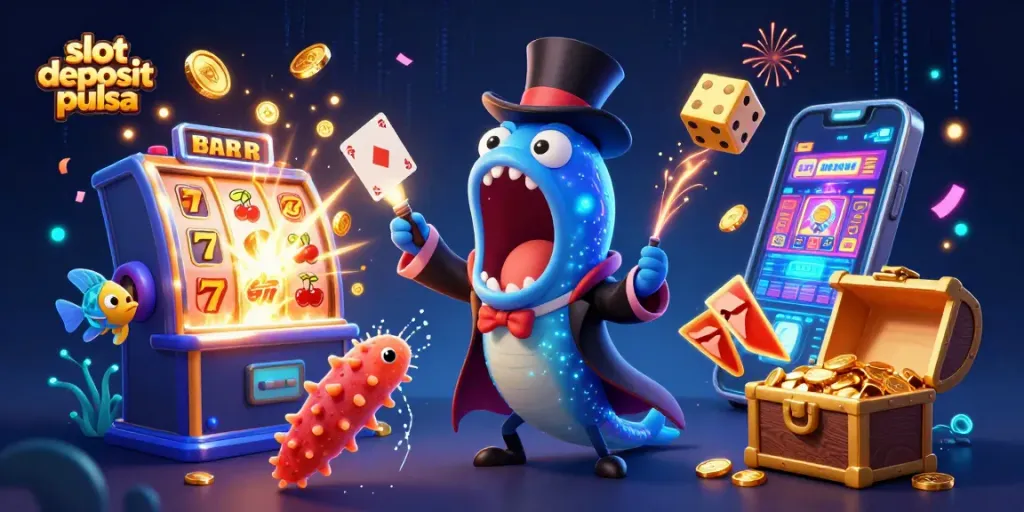 Experience the thrill of slot deposit pulsa with magical underwater characters in a vibrant casino scene.