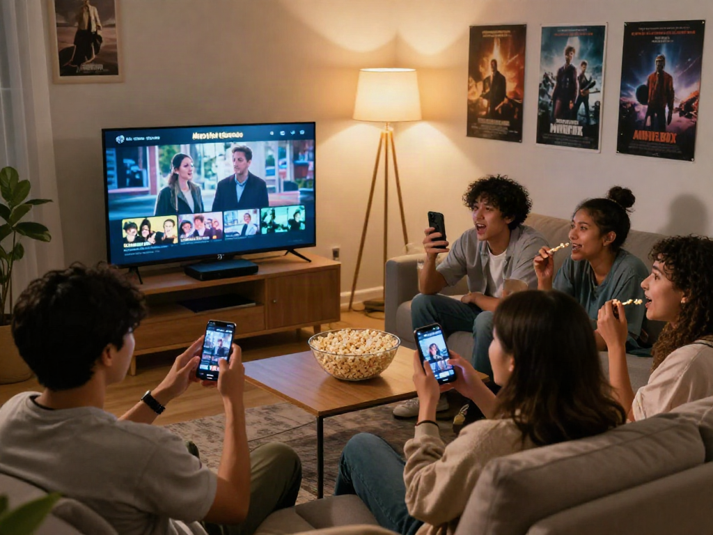 Friends enjoying a movie night using the Moviebox app on their smartphones in a cozy living room.