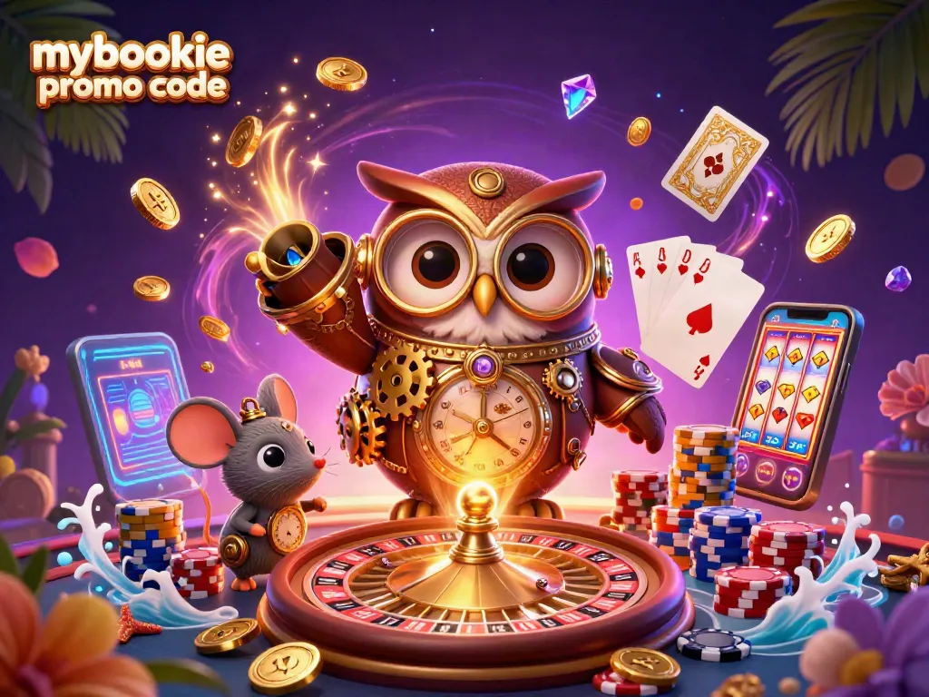 Win big with MyBookie promo code; join the casino adventure with vibrant elements and lucky symbols