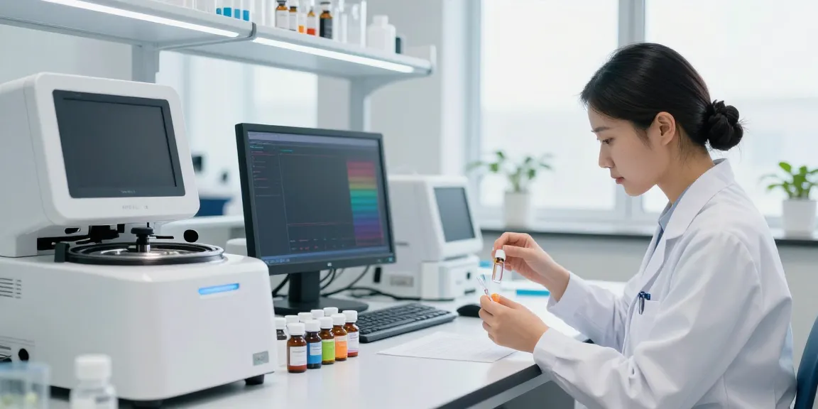 Glow70 peptide research in a modern lab with vibrant vials and analysis screens.