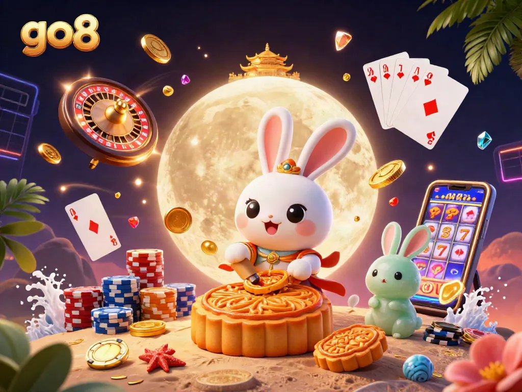 Engage in go8 immersive gaming with a vibrant scene of a moon rabbit revealing fortunes and sparkling treasures.