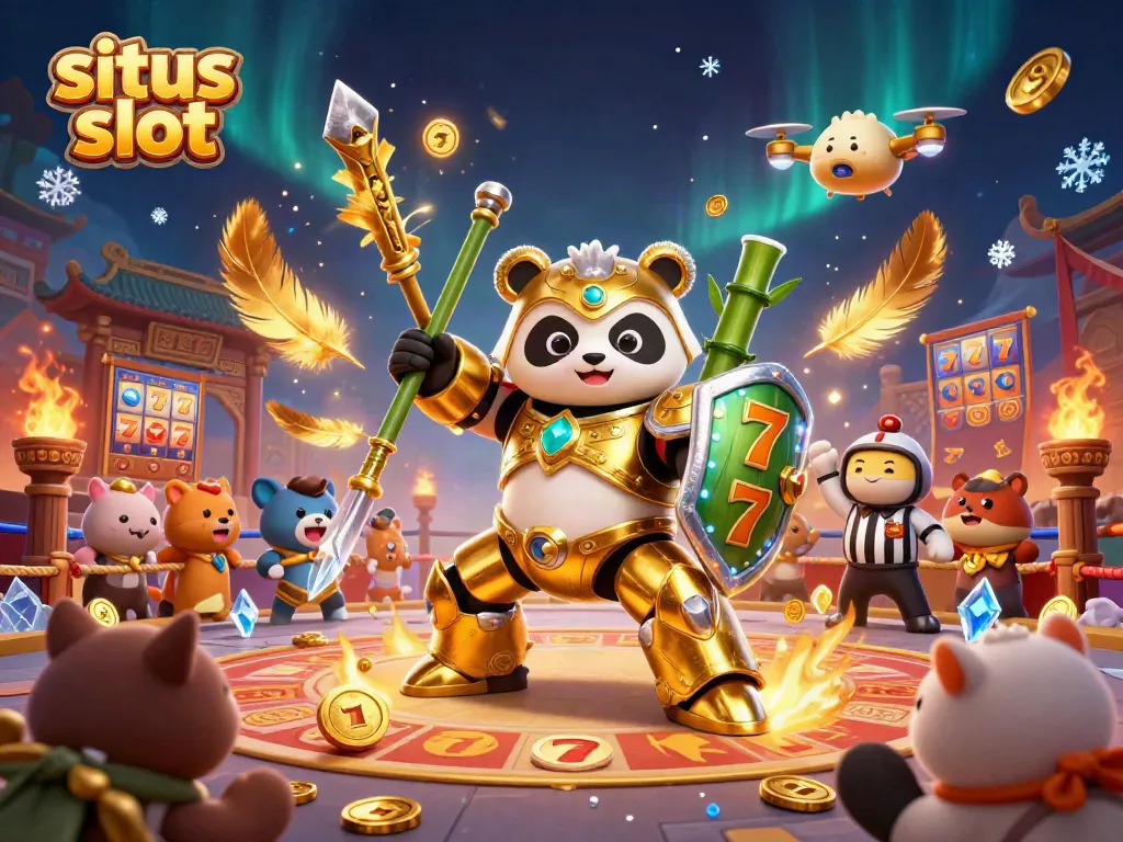 Experience thrilling situs slot action with a golden panda in a vibrant casino arena.