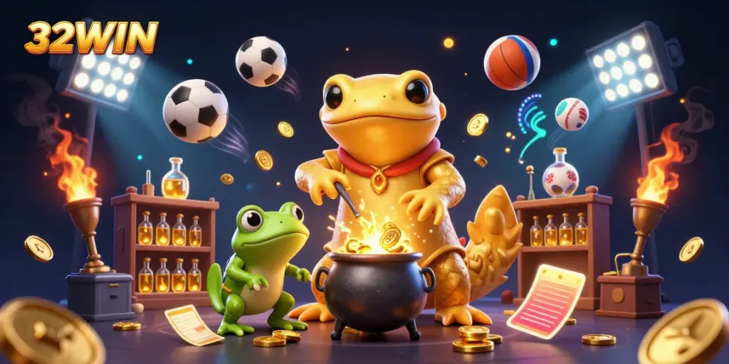 Experience thrilling gaming at 32WIN with a dynamic and colorful casino scene full of excitement and golden rewards.