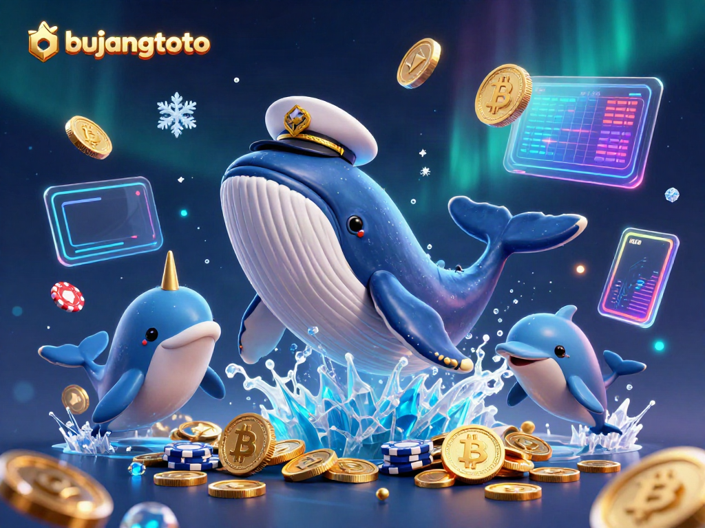 Engage with the vibrant bujangtoto casino scene featuring a whale, narwhal, and playful dolphins.