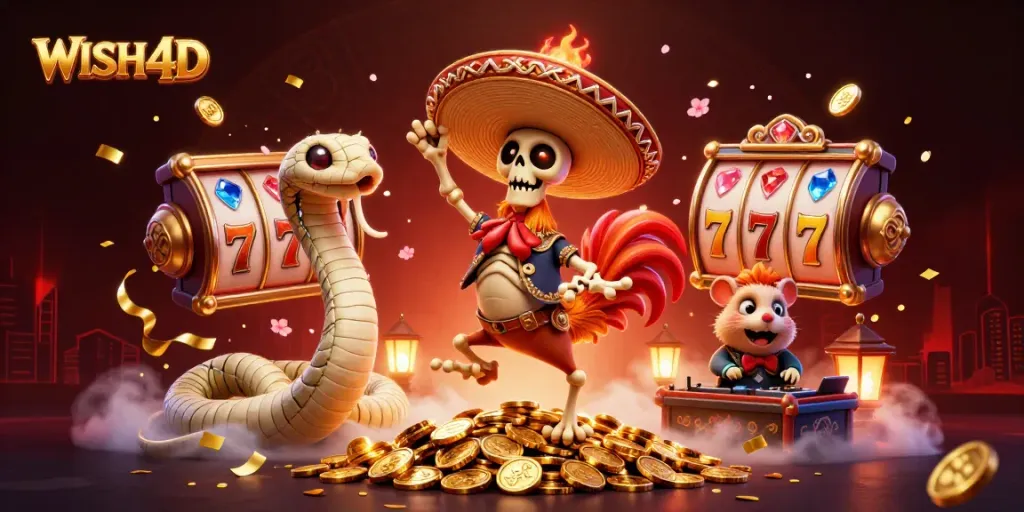 WISH4D offers thrilling wins with slots, featuring a dancing rooster, golden coins, and vibrant elements.