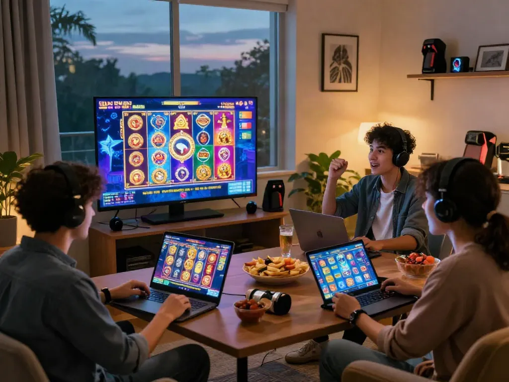 Exciting slot online gaming scene with friends enjoying a cozy atmosphere and colorful game visuals.