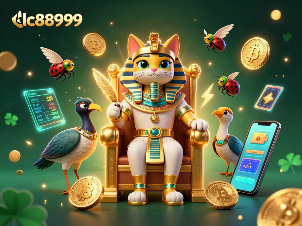 Engage with lc88999 in an exciting casino scene featuring a pharaoh cat amidst crypto coins