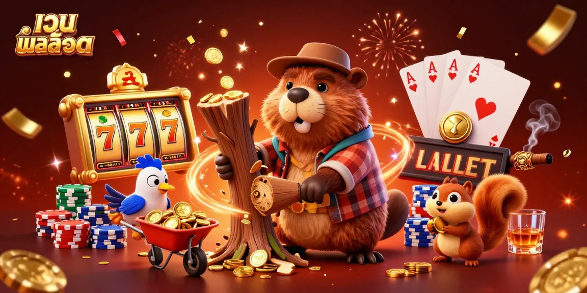 Experience เว็บสล็อต excitement as a beaver chops coins, collecting winnings in a vibrant casino scene.