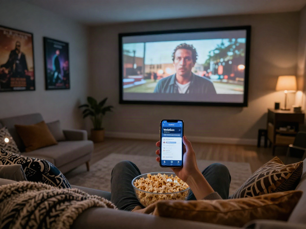 Enjoying Moviebox apk on a cozy home theater setup with popcorn and movie posters.