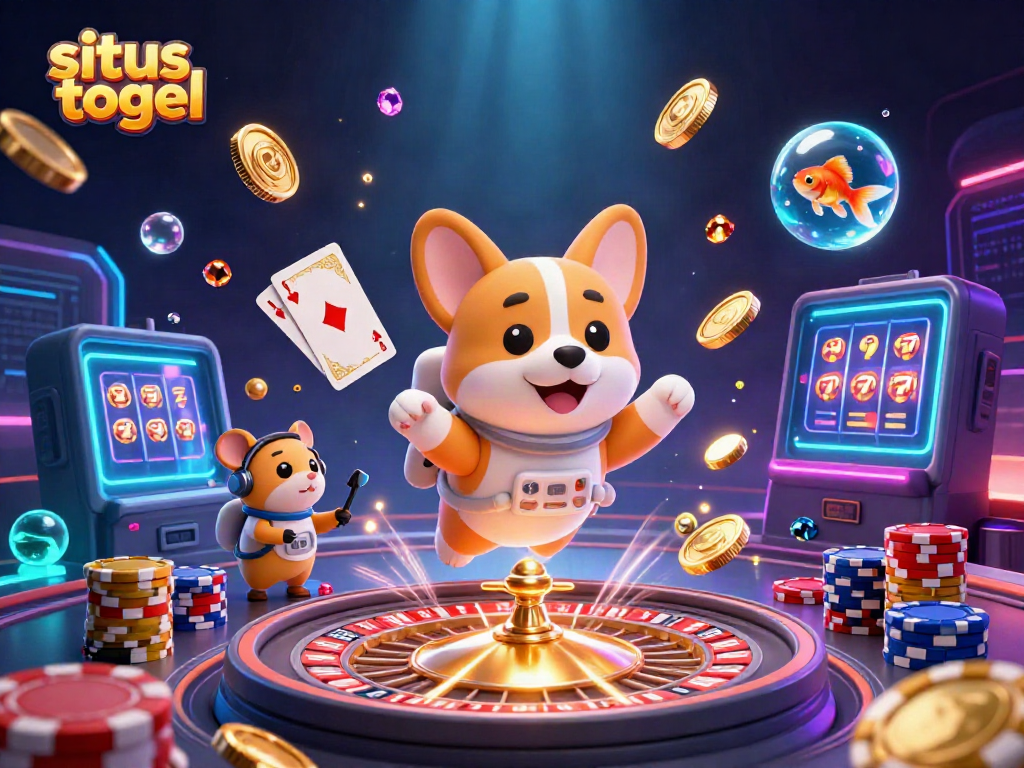 Experience situs togel excitement with a vibrant, dynamic casino scene featuring a corgi astronaut.