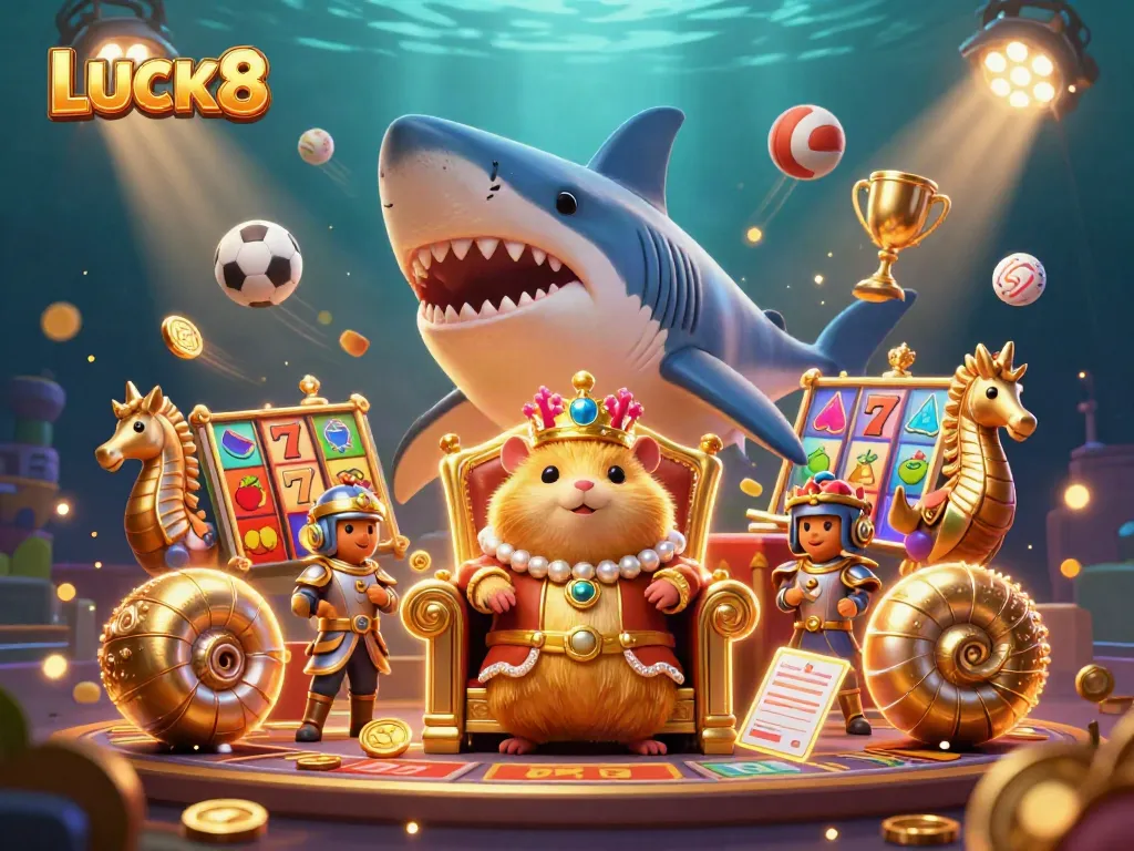 Engage in the thrilling world of LUCK8 with an energetic scene showcasing a hamster king surrounded by casino elements.