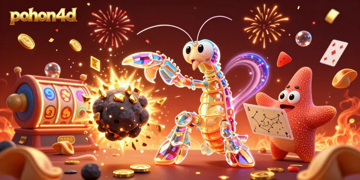 Pohon4d’s vibrant 3D casino scene featuring a galactic mantis shrimp and starfish amidst floating cards and golden coins.