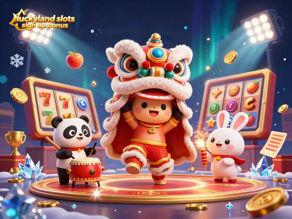 Experience the excitement of luckyland slots sign up bonus with vibrant casino elements animated around playful characters.