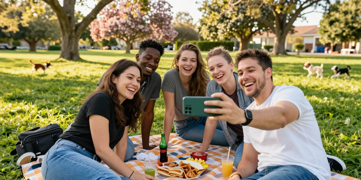 Group of friends taking selfies with "How Old Do I Look?" app in a sunny park