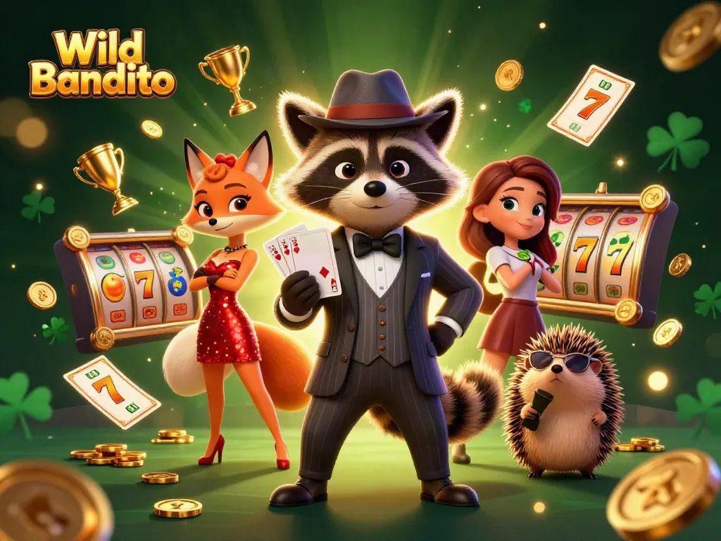 Experience Wild Bandito with a dynamic slot scene featuring a suave raccoon, fox lady, and hedgehog bouncer.
