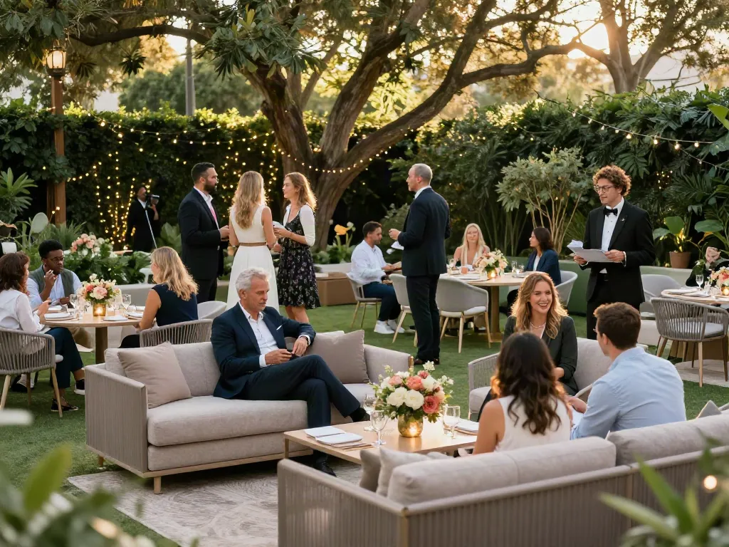 Event furniture rental setup in a lush garden with stylish lounge areas and elegant floral décor.